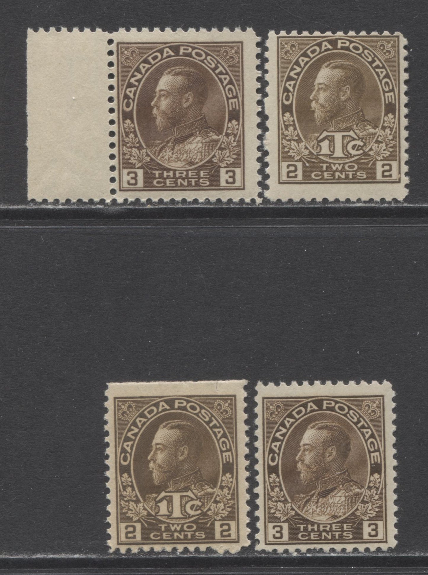 Lot 282 Canada #MR4, MR4i, 108, 108c 1c + 2c, 3c Brown King George V, 1911-1925 Admiral & War Tax Issues, 4 Fine NH Singles, Wet & Dry Printings