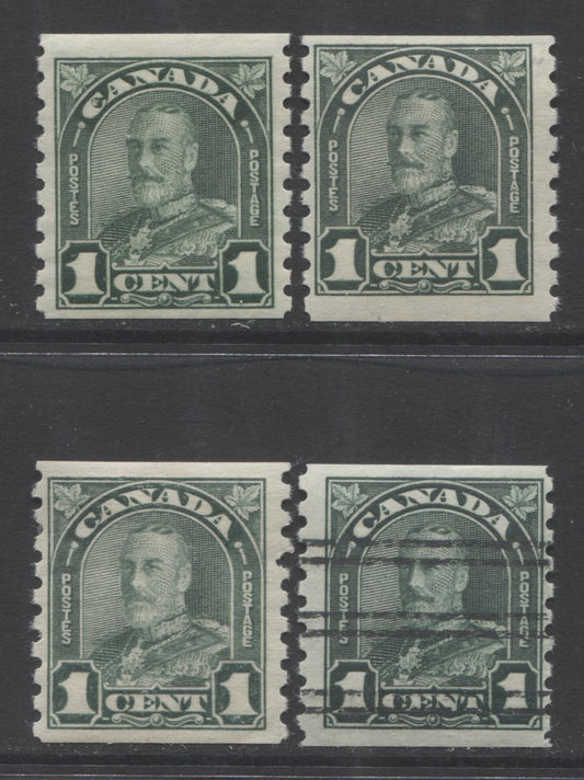 Lot 282 Canada #179-xx 1c Deep Green King George V, 1930-1935 Arch/Leaf Coil Issue, 4 Fine OG Coil Singles And Precancels, Different Shades