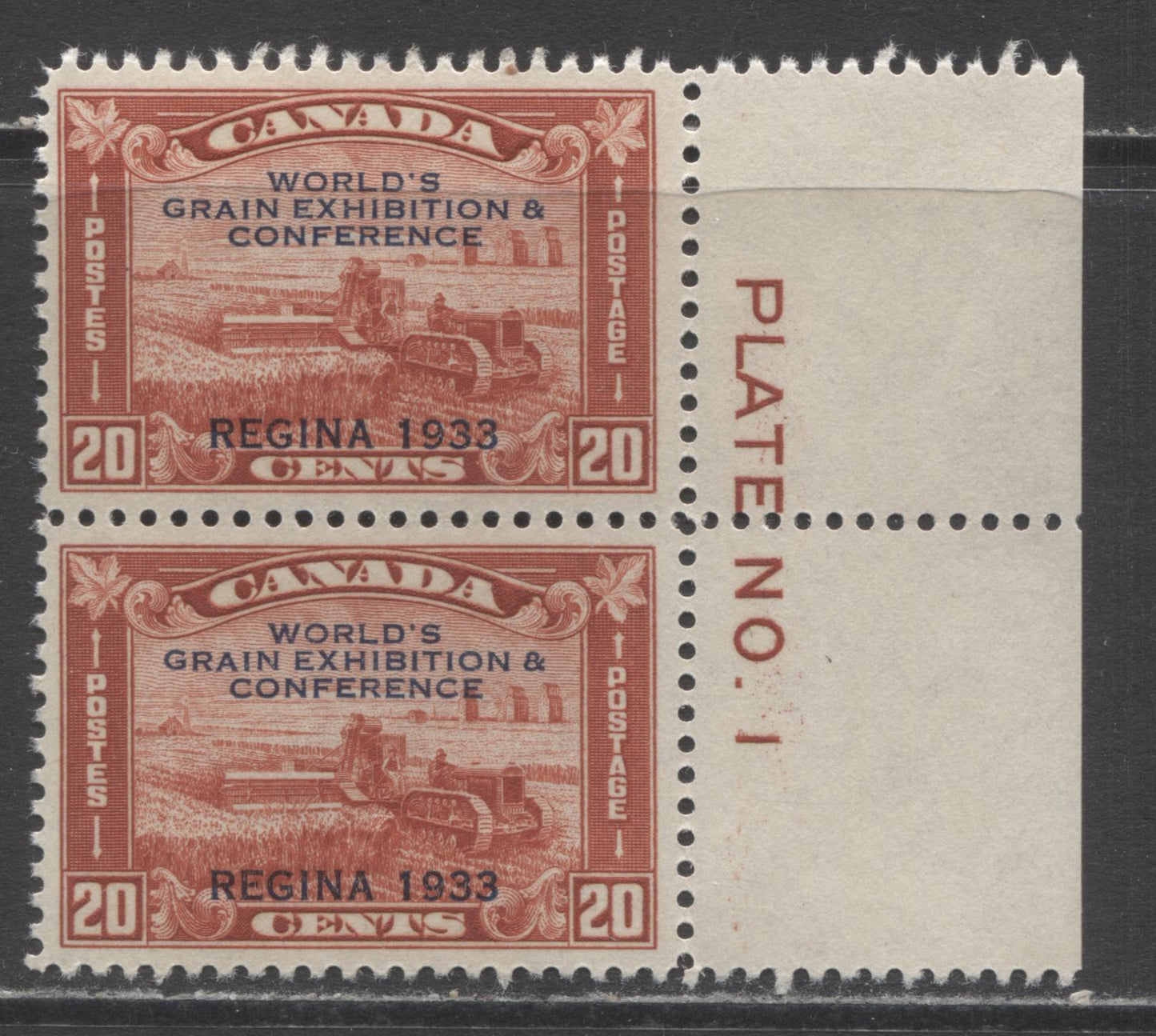 Lot 282 Canada #203 20c Brown Red Harvesting Wheat Overprint, 1933 Grain Exhibition Issue, A VFLH Plate 1 Pair With Deep Yellowish Cream Gum