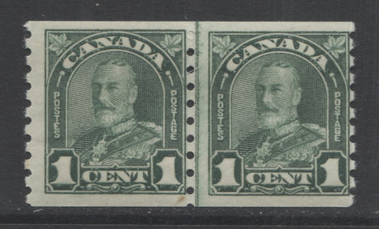 Lot 283 Canada #179i 1c Deep Green King George V, 1930-1935 Arch/Leaf Coil Issue, A Fine NH Jump Line Coil Pair