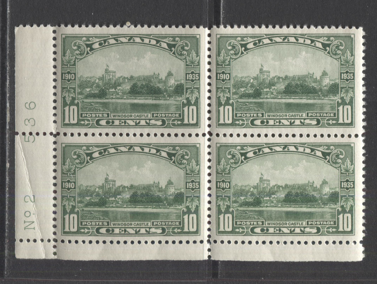 Lot 283 Canada #215 10c Green Windsor Castle, 1935 KGV Silver Jubilee, A FNH LL Plate 2 Block Of 4 With A Selvedge Crease