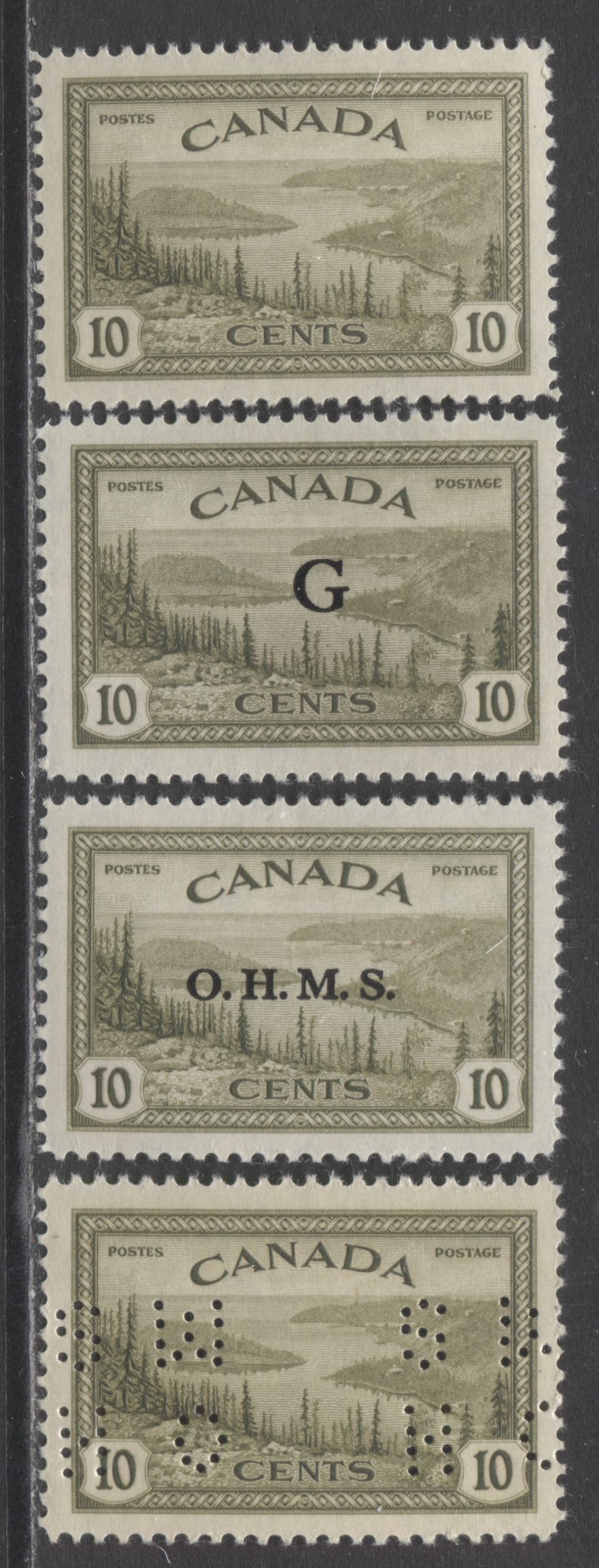 Lot 283 Canada #269, O10-269, O6, O21 10c Olive Great Bear Lake, 1946-52 Peace Issue With 4 Hole OHMS Perfins, & OHMS Overprint, 4 VFNH Singles On Different Papers & Gums, Position C