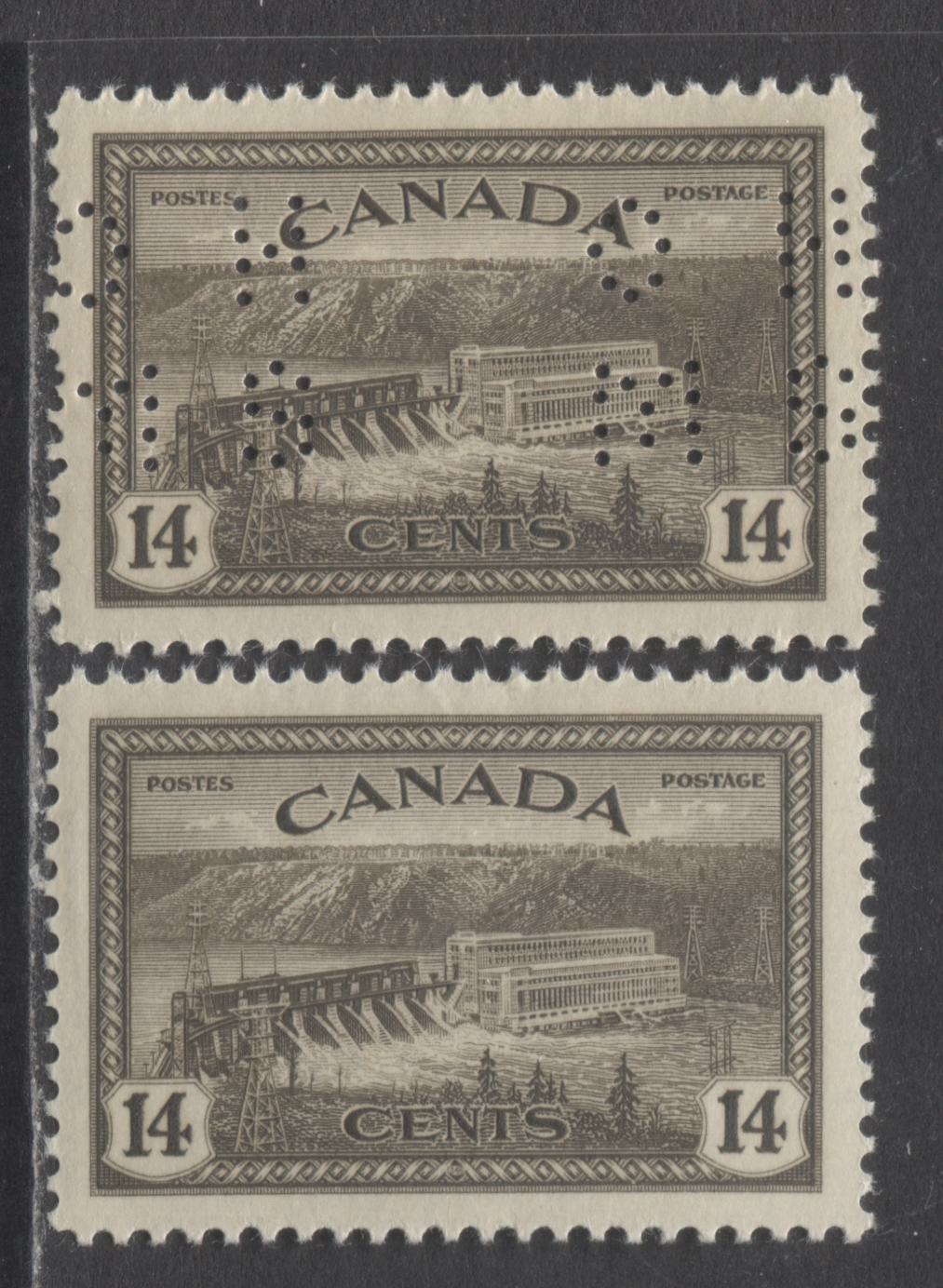 Lot 284 Canada #270, O10-270 14c Black Brown Hydroelectric Station, 1946 Peace Issue & 4 Hole OHMS Perfin, 2 VFNH Singles On Horizontal Wove Papers With Cream Gum, Position A