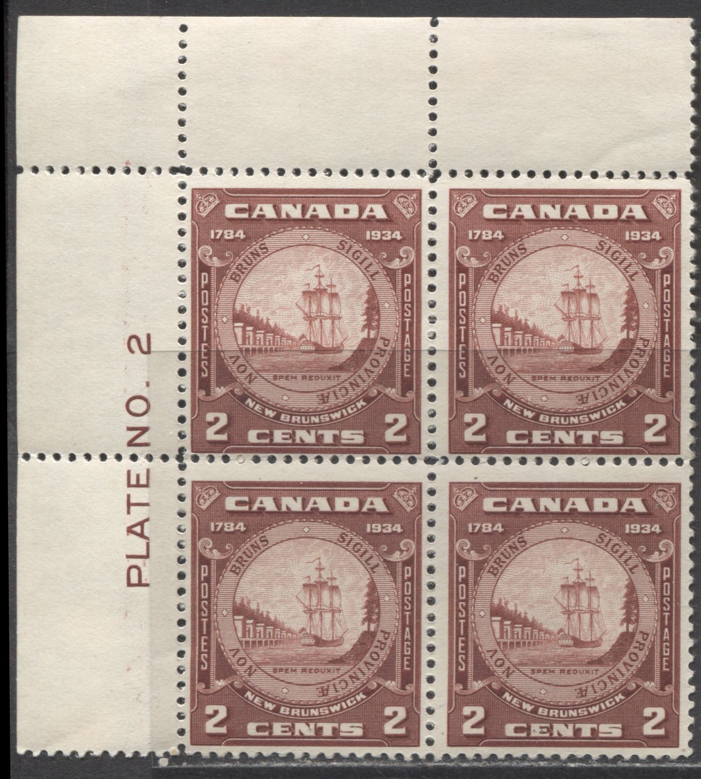 Lot 284 Canada #210 2c Red Brown New Brunswick Seal, 1934 New Brunswick Issue, A FNH/LH UL Plate 2 Block Of 4