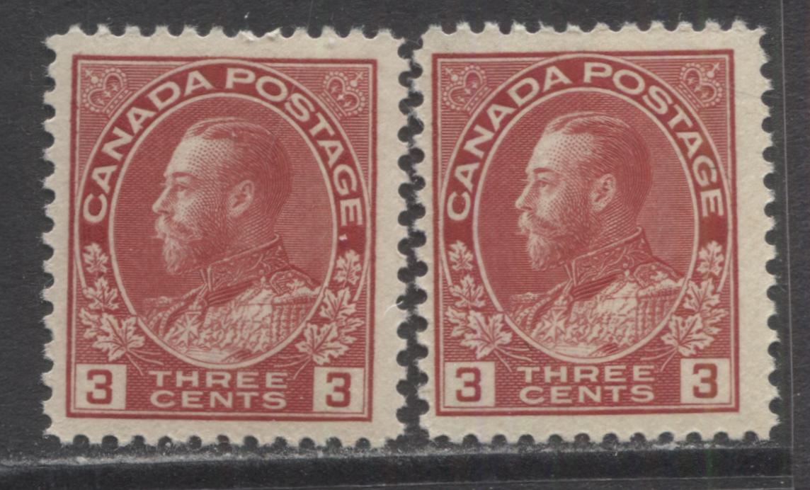 Lot 285 Canada #109 3c Light Carmine Red & Deep Rose Carmine (Carmine) King George V, 1911-1925 Admiral Issue, 2 Fine NH Singles, Die 1