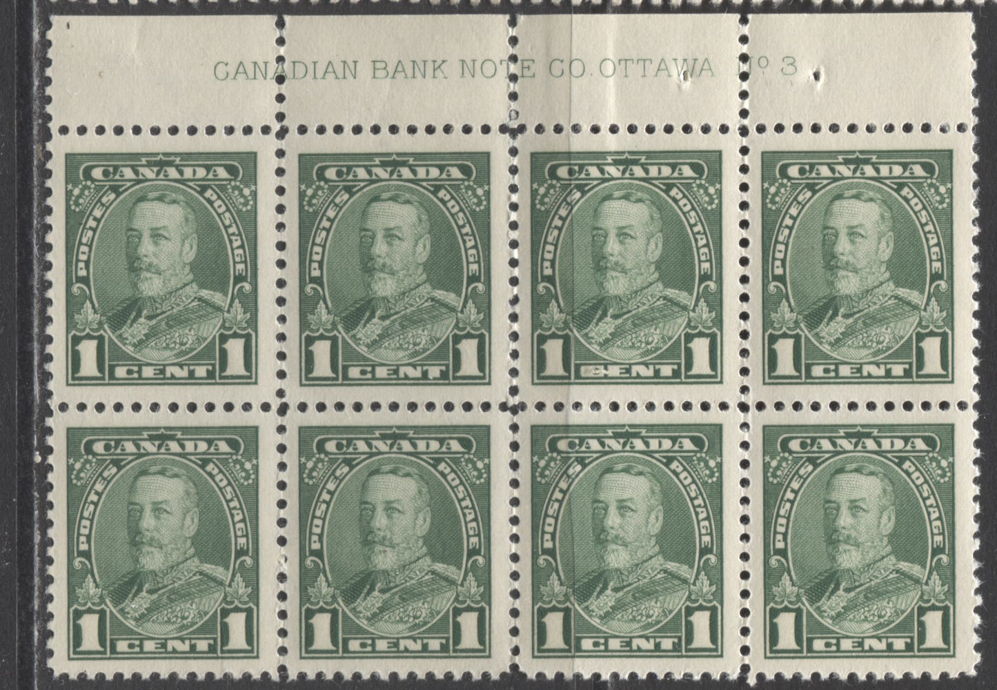 Lot 285 Canada #217 1c Green King George V, 1935 Pictorial Issue, A VFNH Plate 3 Upper Block Of 8 With Yellowish Cream Gum, And Some Perf Separation at Upper Center