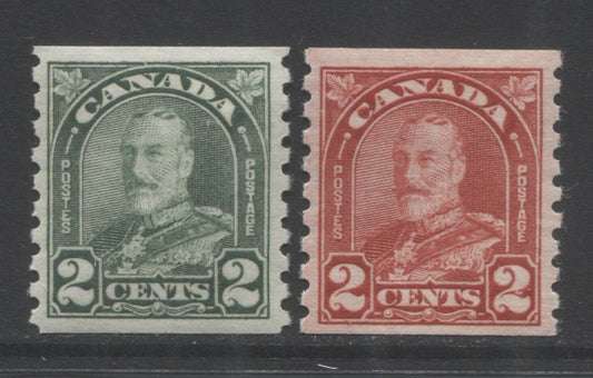 Lot 285 Canada #180-181 2c Dull Green & Deep Red King George V, 1930-1935 Arch/Leaf Coil Issue, 2 VFNH Coil Singles