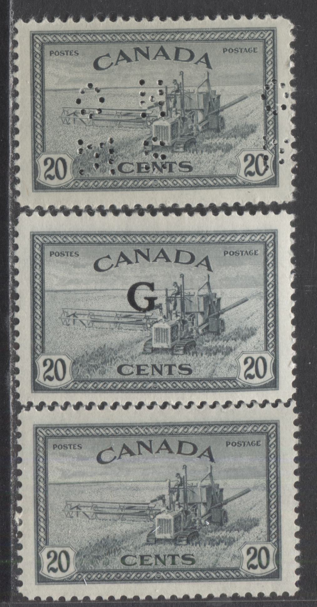 Lot 286 Canada #271, O23, O9-271 20c Slate Black Combine Harvester, 1946 Peace issue, G Overprint & 4 Hole OHMS Perfin, 3 Fine NH and VFNH Singles On Horizontal And Vertical Wove Papers With Cream Gum, Position A