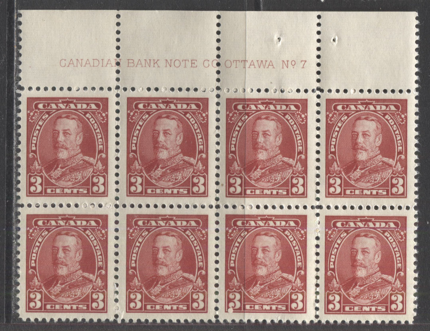 Lot 286 Canada #219 3c Dark Carmine King George V, 1935 Pictorial Issue, A VFNH Plate 7 Upper Centre Block Of 8 On Horizontal Ribbed Paper With Deep Yellowish Cream Gum