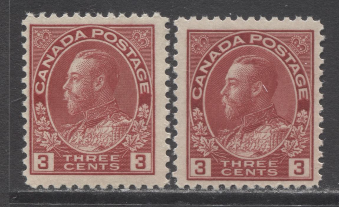 Lot 286 Canada #109 3c Pale Carmine Red & Deep Carmine (Carmine) King George V, 1911-1925 Admiral Issue, 2 Fine NH Singles, Die 1