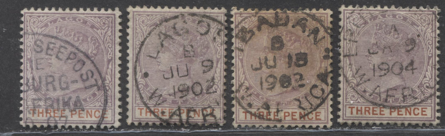 Lot 287 Lagos SG#32 (SC#21) 3d Mauve and Chestnut 1887-1901 Queen Victoria Bicoloured Keyplate Issue, Four  CDS Used Examples, Each From Different Printings, 2022 Scott Classic Cat. $15 USD,  Click on Listing to See ALL Pictures