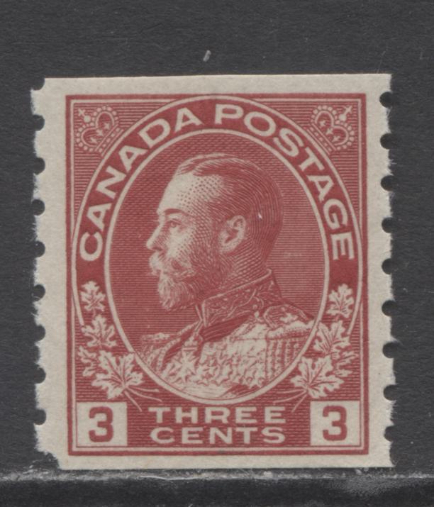 Lot 287 Canada #130b 3c Carmine Red (Carmine) King George V, 1911-1925 Admiral Coil Issue, A VFNH Coil Single, Die 2, Dry Printing