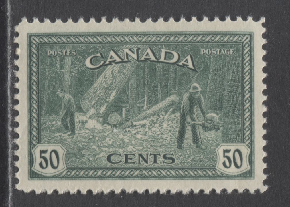 Lot 288 Canada #272 50c Dark Blue Green Logging, 1946 Peace Issue, A VFNH Single On Horizontal Ribbed Paper With Cream Gum