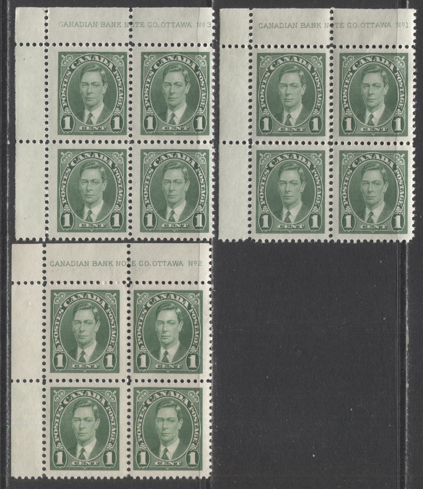 Lot 288 Canada #231 1c Green King George VI, 1937 Mufti Issue, 3 F/VFNH UL Plates 1-3 Blocks Of 4 On Vertical Wove Paper With Cream Gum