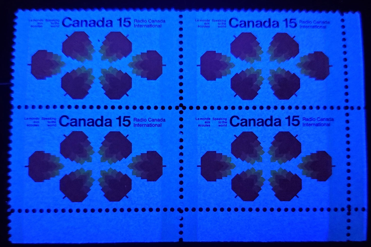Canada #541p 15c Black, Red Orange & Yellow Maple Leaves, 1971 Radio Canada International Issue, A VFNH LR Block Of 4 W2B HB Paper With Spotty White Gum, Bluish White Tagging, 8 Second After Glow