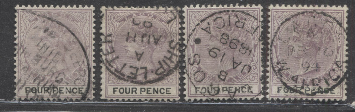 Lot 289 Lagos SG#33 (SC#24) 4d Deep Mauve and Black 1887-1901 Queen Victoria Bicoloured Keyplate Issue, Four CDS Used Examples, From Different Printings, 2022 Scott Classic Cat. $8 USD,  Click on Listing to See ALL Pictures