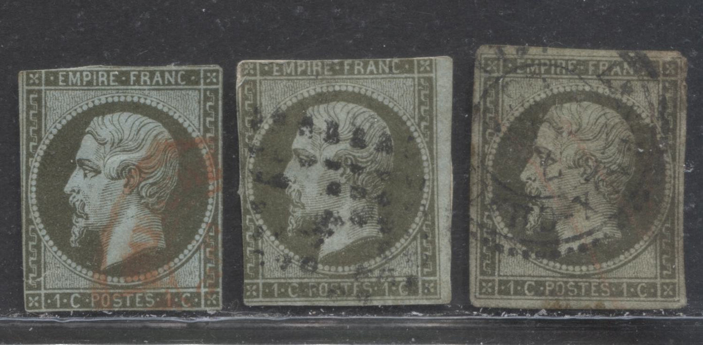 Lot 289 France SC#12b 1c Deep Olive Green On Pale Blue Paper 1853-1860 Imperf Napoleon III Definitive Issue, An Ungraded Lot of 3 Examples, 2022 Scott Classic Cat. $195 USD, Net. Est. $10, Click on Listing to See ALL Pictures