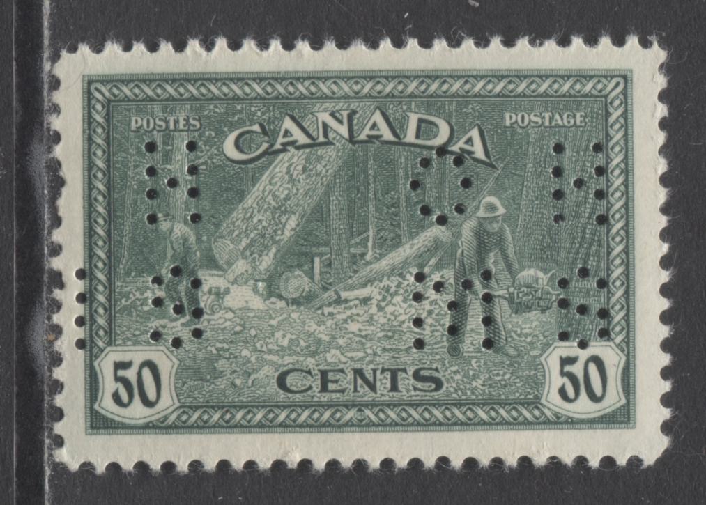 Lot 289 Canada #O10-272 50c Dark Blue Green Logging, 1946 4 Hole OHMS Perfin Peace Issue, A FNH Single On Horizontal Wove Paper With Cream Gum, Position A