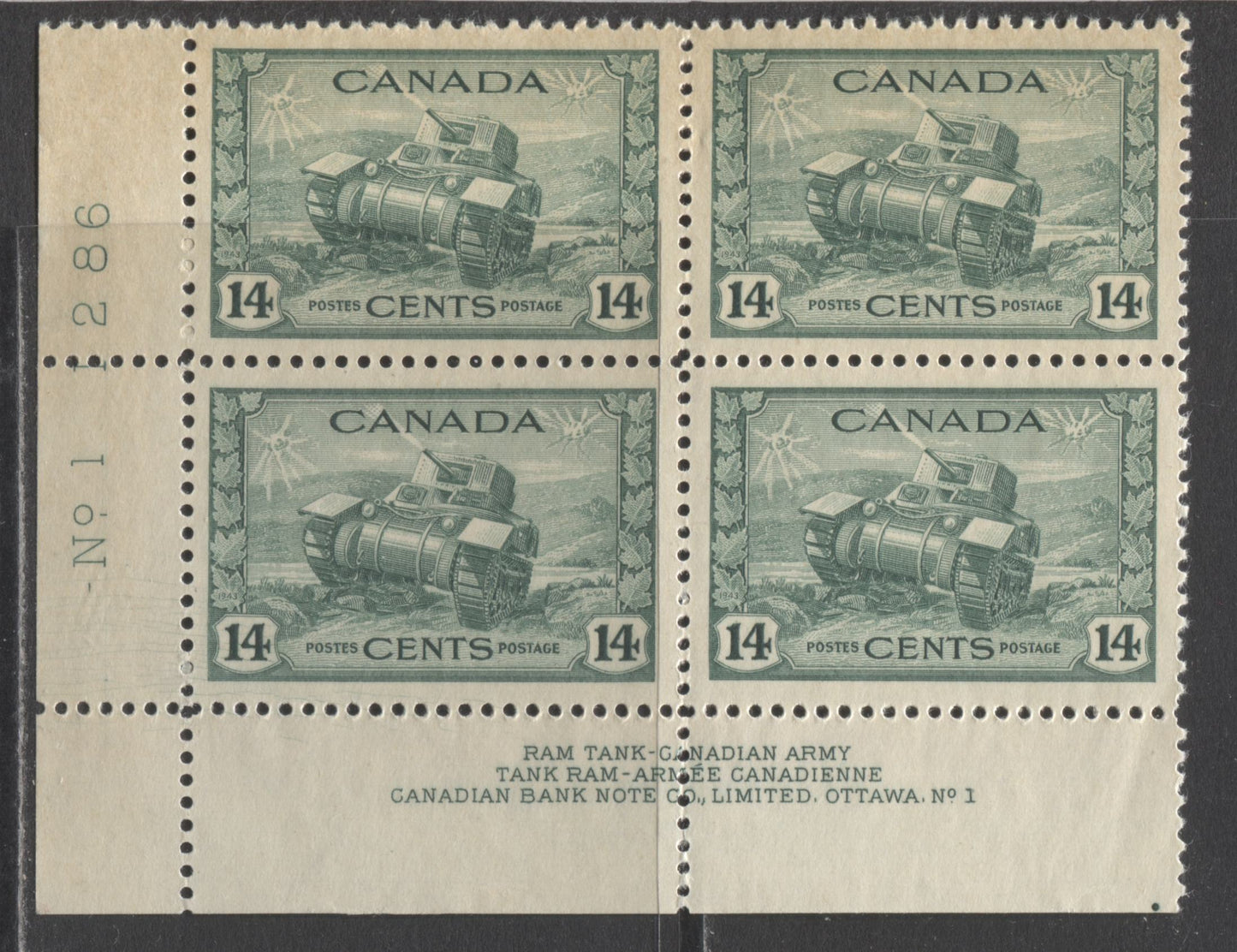 Lot 289 Canada #259i 14c Dull Green Ram Tank, 1942-1943 KGVI War Issue, A FNH LL Plate 1 Block Of 4 With Hairlines at Lower Left
