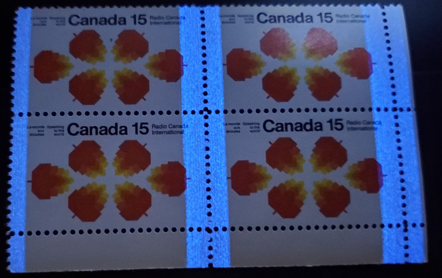 Canada #541p 15c Black, Red Orange & Yellow Maple Leaves, 1971 Radio Canada International Issue, A VFNH LR Block Of 4 W2B HB Paper With Spotty White Gum, Bluish White Tagging, 8 Second After Glow