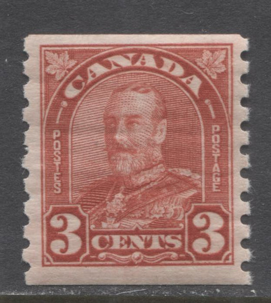 Lot 290 Canada #183 3c Deep Red King George V, 1930-1935 Arch/Leaf Coil Issue, A VFNH Coil Single Perf 8.5 Vertical
