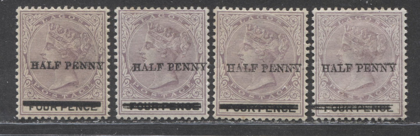 Lot 290 Lagos SG#42 (SC#39) 1/2d on 4d Deep Dull Purple & Black, Queen Victoria, 1887-1902 Bicoloured Crown CA Watermarked Issue, Four Different Settings of the Surcharge, VFOG, 2022 Scott Classic Cat. $46 USD,  Click on Listing to See ALL Pictures