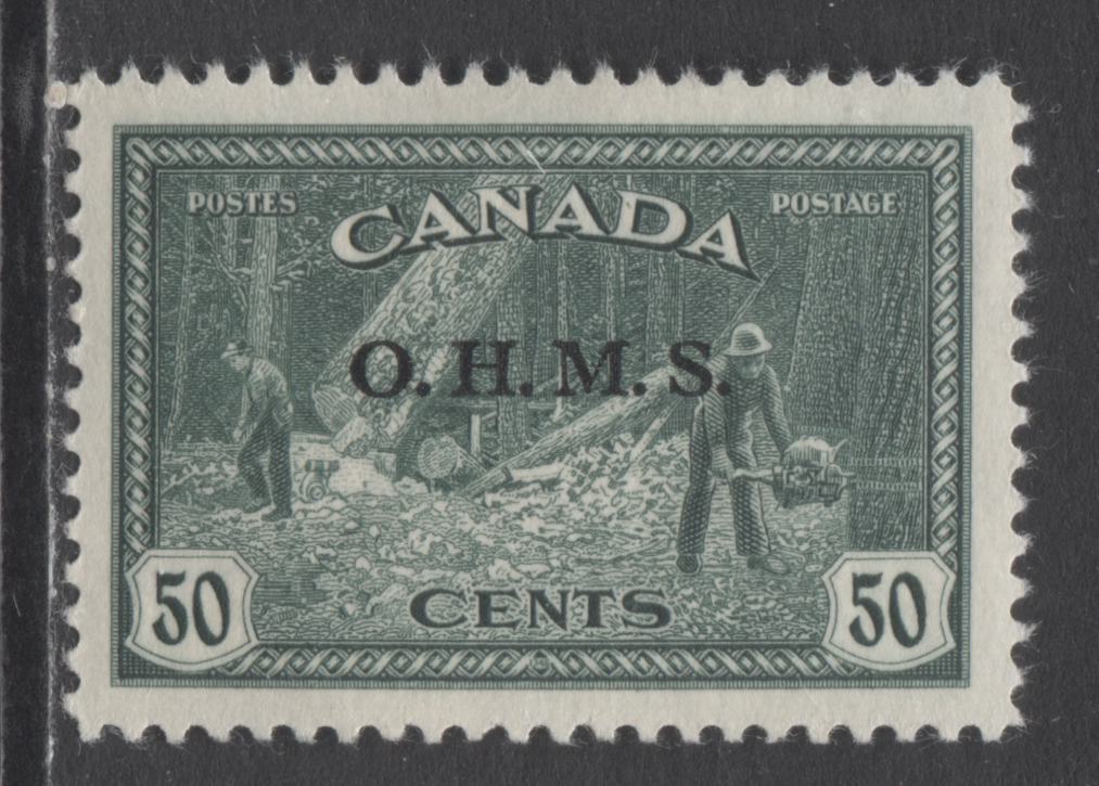 Lot 290 Canada #O9 50c Dark Blue Green Logging, 1946 OHMS Overprinted Peace Issue, A VFOG Single On Vertical Wove Paper With Cream Gum