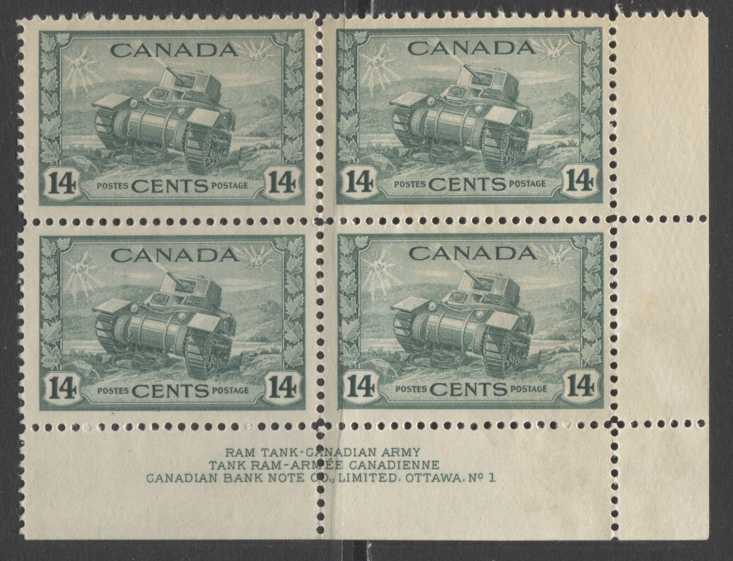 Lot 290 Canada #259 14c Dull Green Ram Tank, 1942-1943 KGVI War Issue, A FNH LR Plate 1 Block Of 4