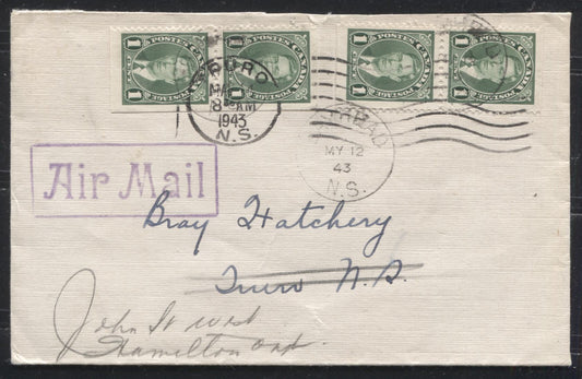 Lot 29 Canada #231as 1c Green King George VI, 1937-1942 Mufti Issue, Usage of the Booklet Stamp on Shortpaid Airmail Cover from Bayhead NS to Truro, NS