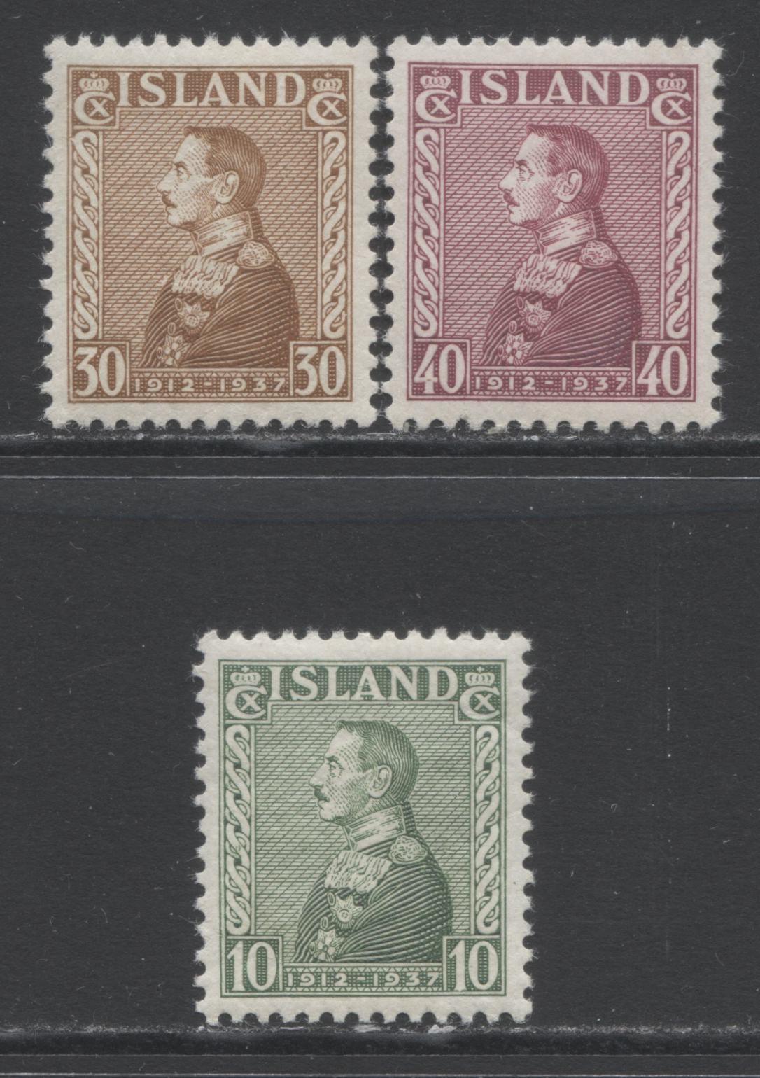 Lot 29 Iceland SC#199-201 1937 Christian X Silver Jubilee Issue, A VFNH/OG Range Of Singles, 2017 Scott Cat. $10 USD, Click on Listing to See ALL Pictures