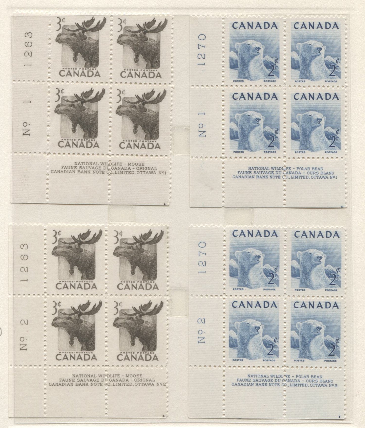 Lot 29 Canada #322-326, 330 2c - 4c Blue - Violet Polar Bear - Queen Elizabeth II, 1953 Wildlife, Karsh & Coronation Issues, 14 VFNH LL Plates 1-3 Blocks Of 4