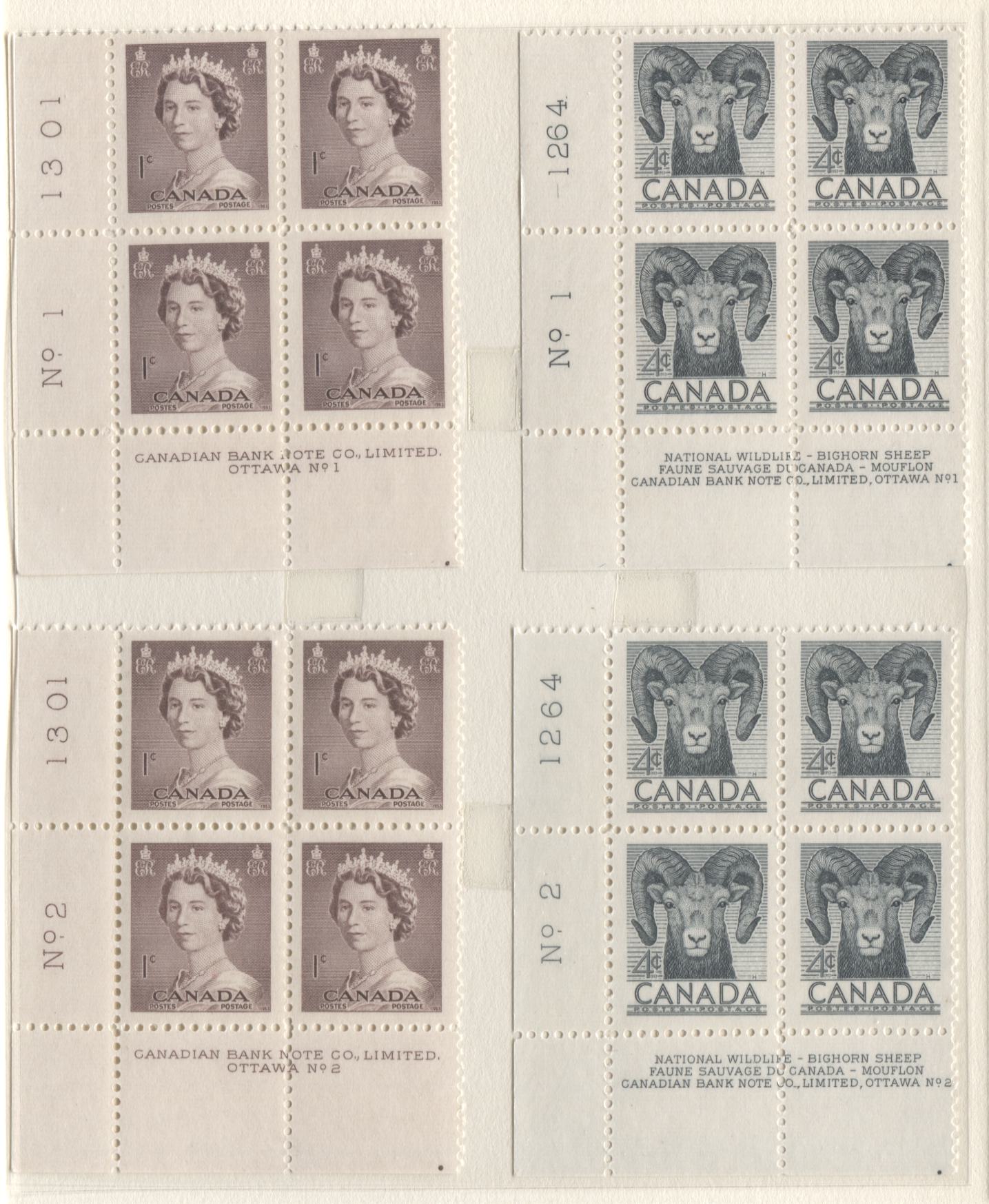 Lot 29 Canada #322-326, 330 2c - 4c Blue - Violet Polar Bear - Queen Elizabeth II, 1953 Wildlife, Karsh & Coronation Issues, 14 VFNH LL Plates 1-3 Blocks Of 4