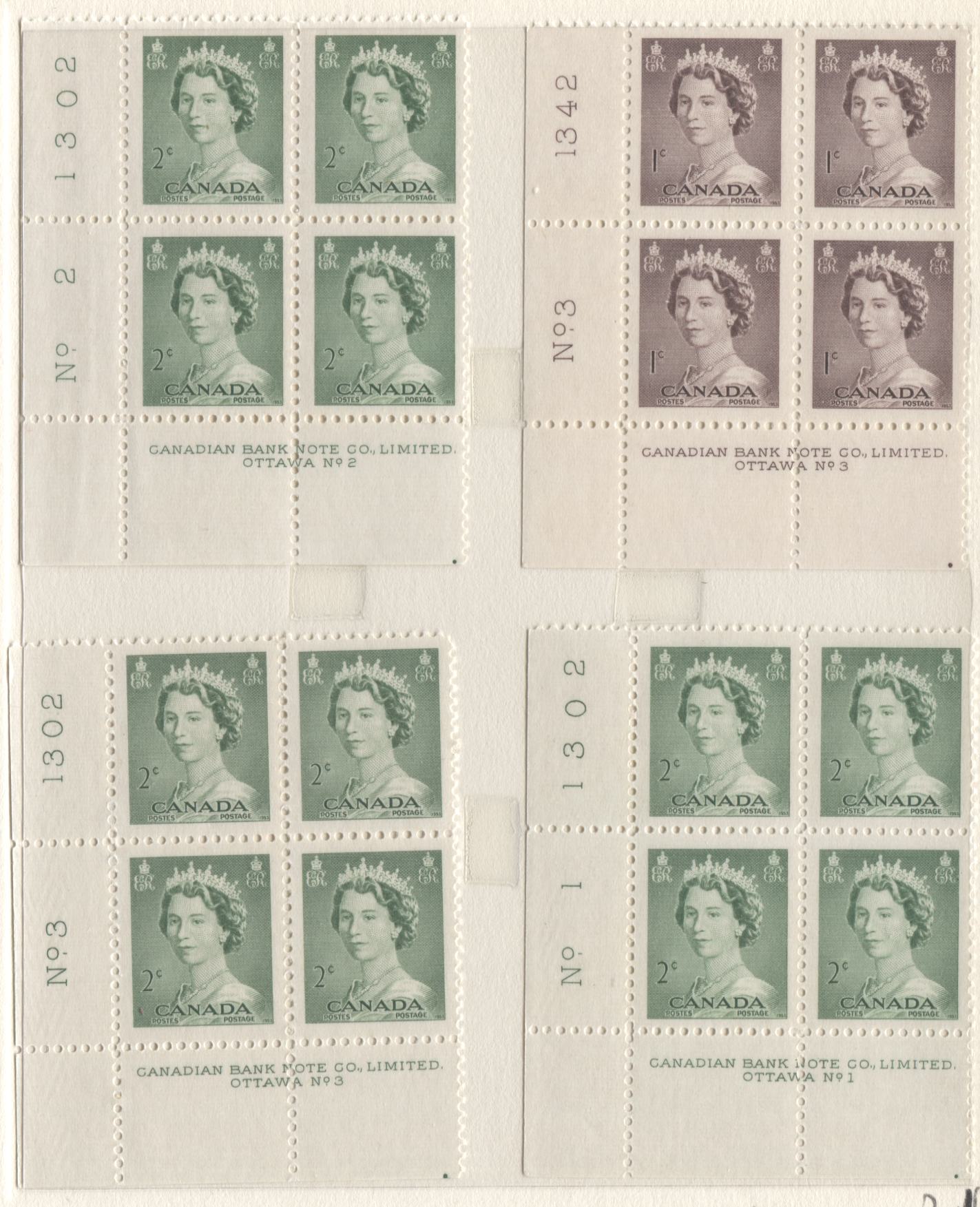 Lot 29 Canada #322-326, 330 2c - 4c Blue - Violet Polar Bear - Queen Elizabeth II, 1953 Wildlife, Karsh & Coronation Issues, 14 VFNH LL Plates 1-3 Blocks Of 4