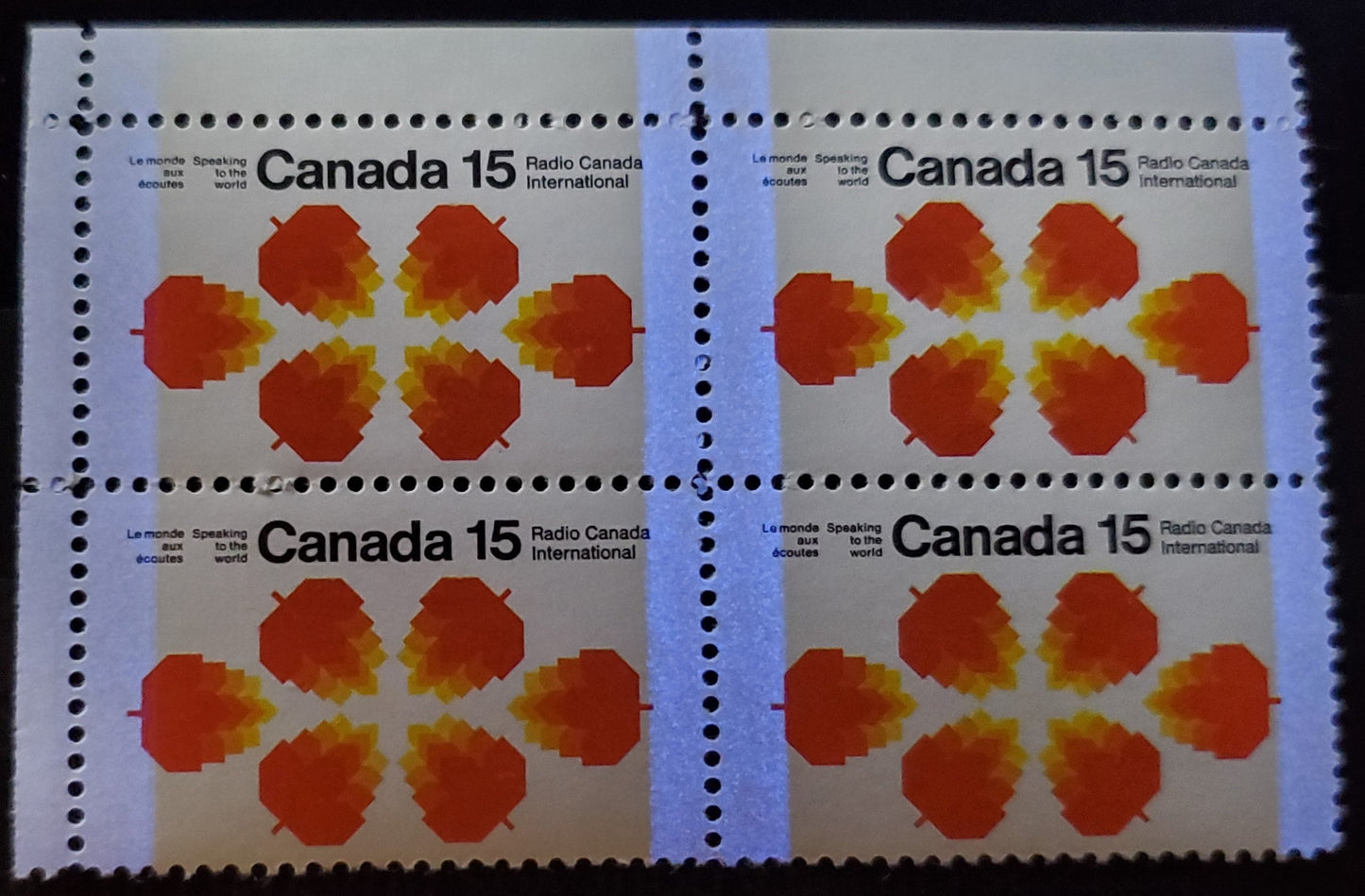 Canada #541p 15c Black, Red Orange & Yellow Maple Leaves, 1971 Radio Canada International Issue, A VFNH UL Block Of 4 W2B, Tagged