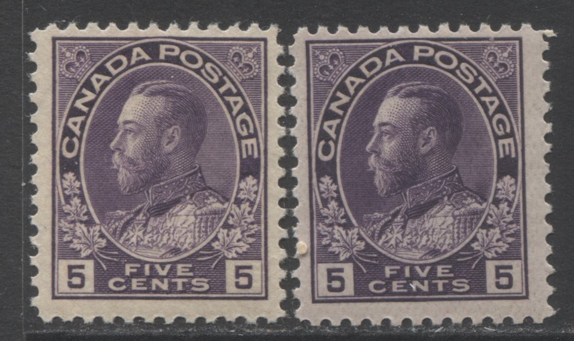Lot 291 Canada #112, 112a 5c Blackish Lilac & Deep Reddish Lilac (Violet) King George V, 1911-1925 Admiral Issue, 2 Fine NH Singles, Wet Printings, One On Thin Paper