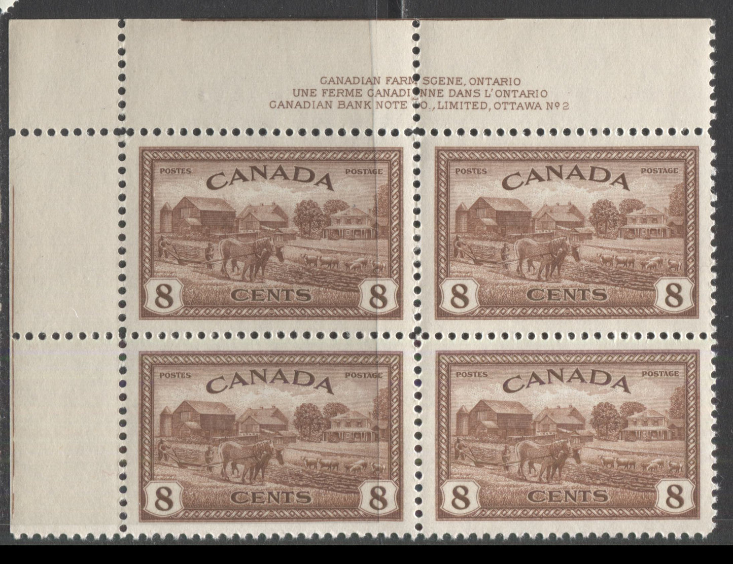 Lot 291 Canada #268 8c Red Brown Eastern Farm Scene, 1946 KGVI Peace Issue, A VFNH UL Plate 2 Block Of 4 On Horizontal Ribbed Paper With Yellowish Gum