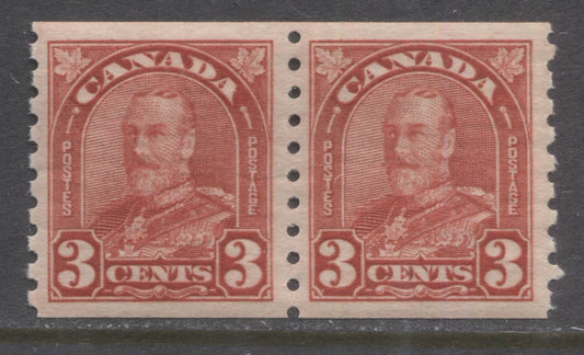 Lot 291 Canada #183 3c Deep Red King George V, 1930-1935 Arch/Leaf Coil Issue, A VFNH Coil Pair, Perf 8.5 Vertical