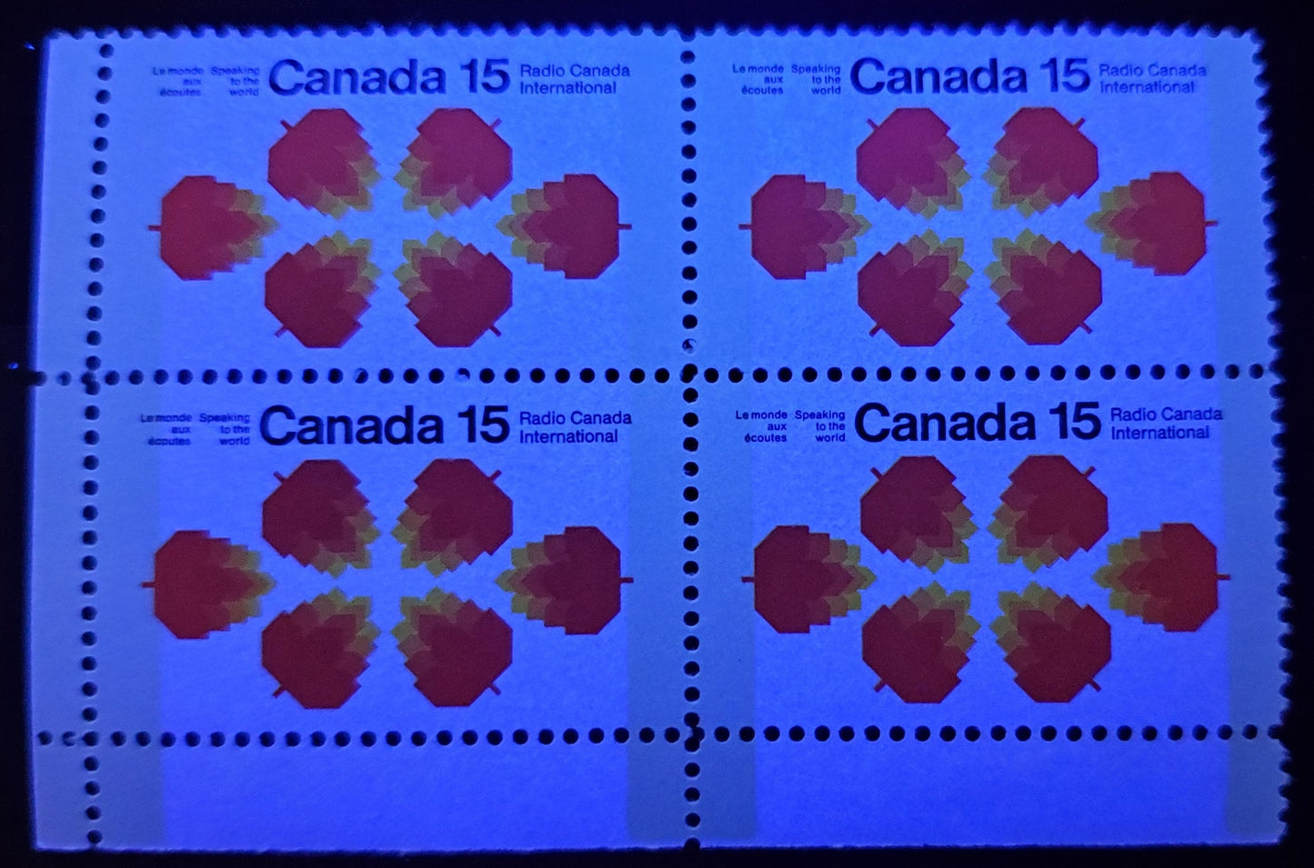 Lot 48 Canada #541p 15c Black, Red Orange & Yellow Maple Leaves, 1971 Radio Canada International Issue, A VFNH LL Block Of 4 W2B, Tagged