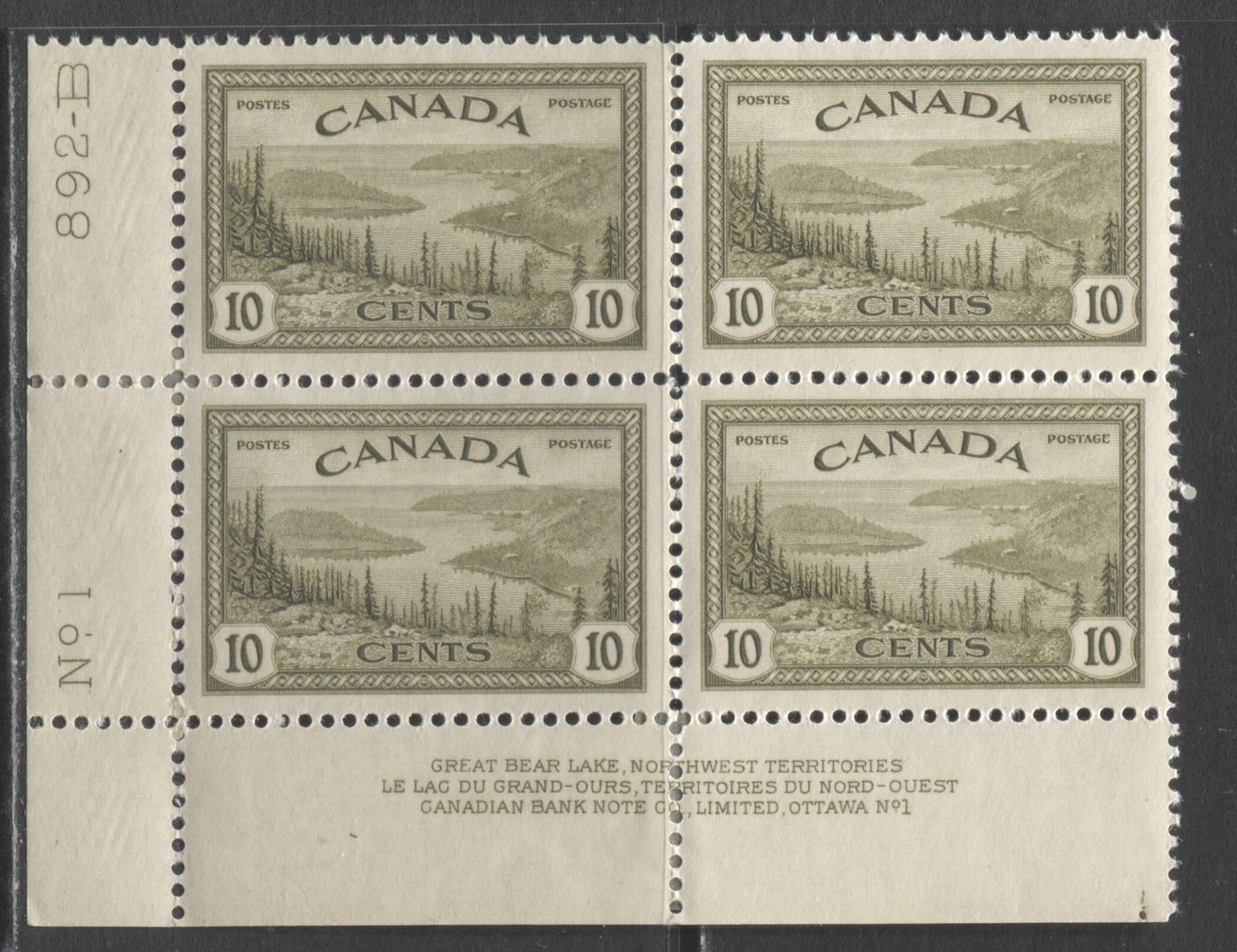 Lot 292 Canada #269 10c Olive Great Bear Lake, 1946 KGVI Peace Issue, A VFLH LL Plate 1 Block Of 4 On Horizontal Ribbed Paper With Cream Gum