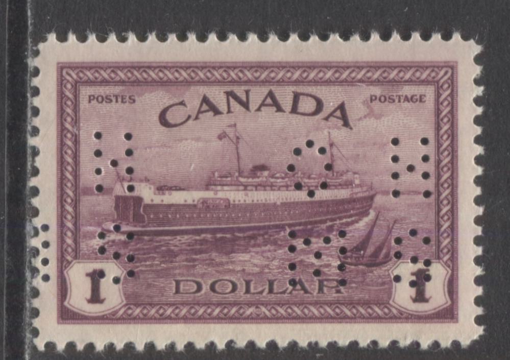 Lot 292 Canada #O10-273 $1 Red Violet Train Ferry, 1946 4 Hole OHMS Perfin Peace Issue, A VFNH Single On Vertical Wove Paper With Cream Gum. Position A