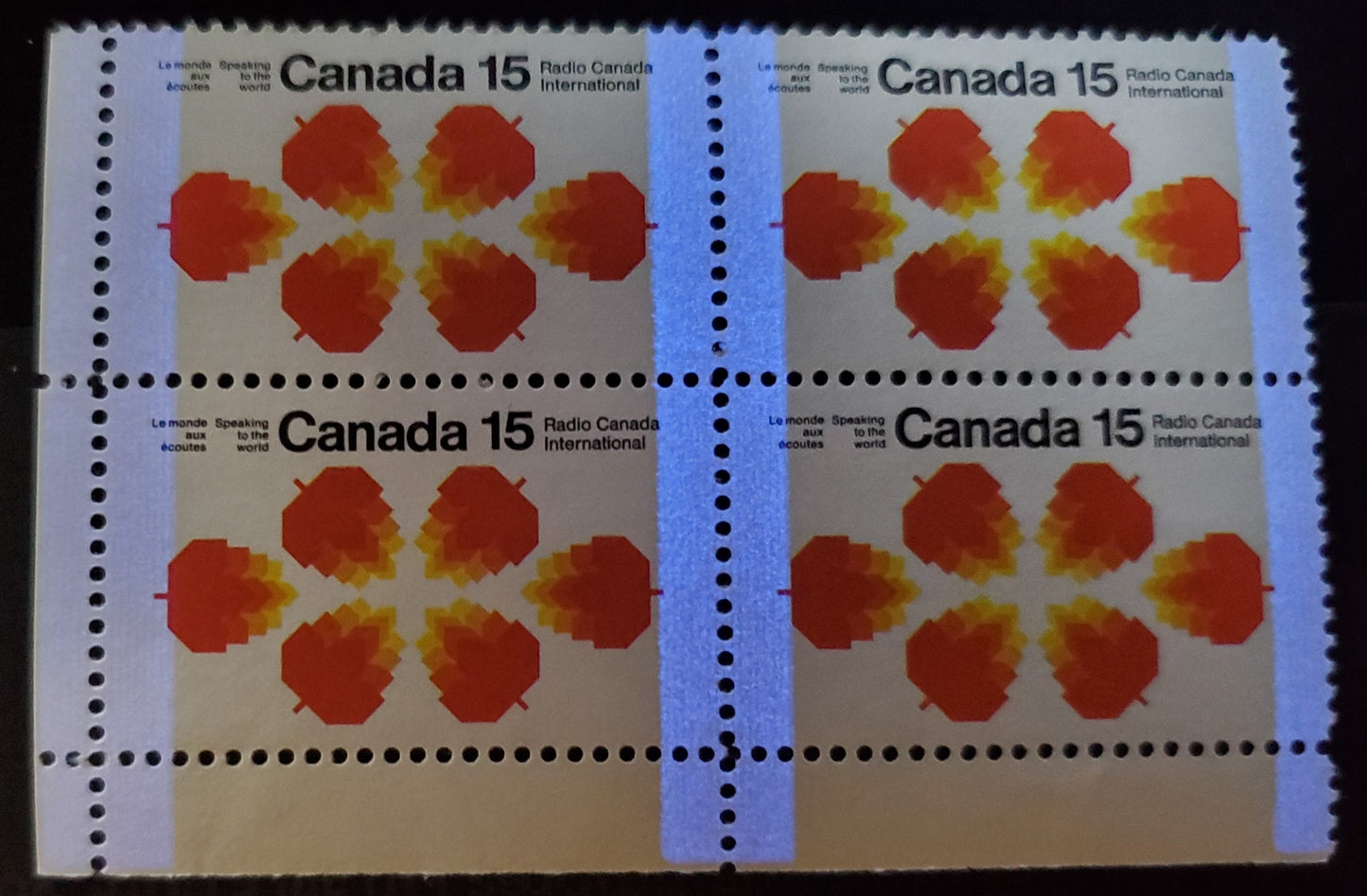 Lot 48 Canada #541p 15c Black, Red Orange & Yellow Maple Leaves, 1971 Radio Canada International Issue, A VFNH LL Block Of 4 W2B, Tagged
