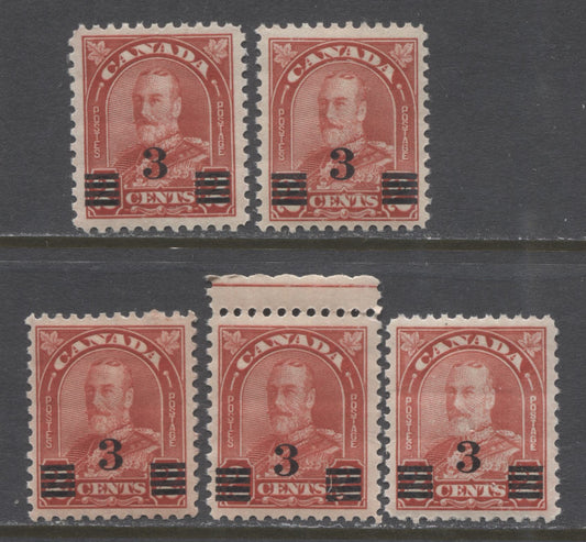Lot 293 Canada #191-a 3c on 2c Deep Red King George V, 1932 Arch Provisional Issue, 5 VFNH Singles, Dies 1 and 2, Different Shades