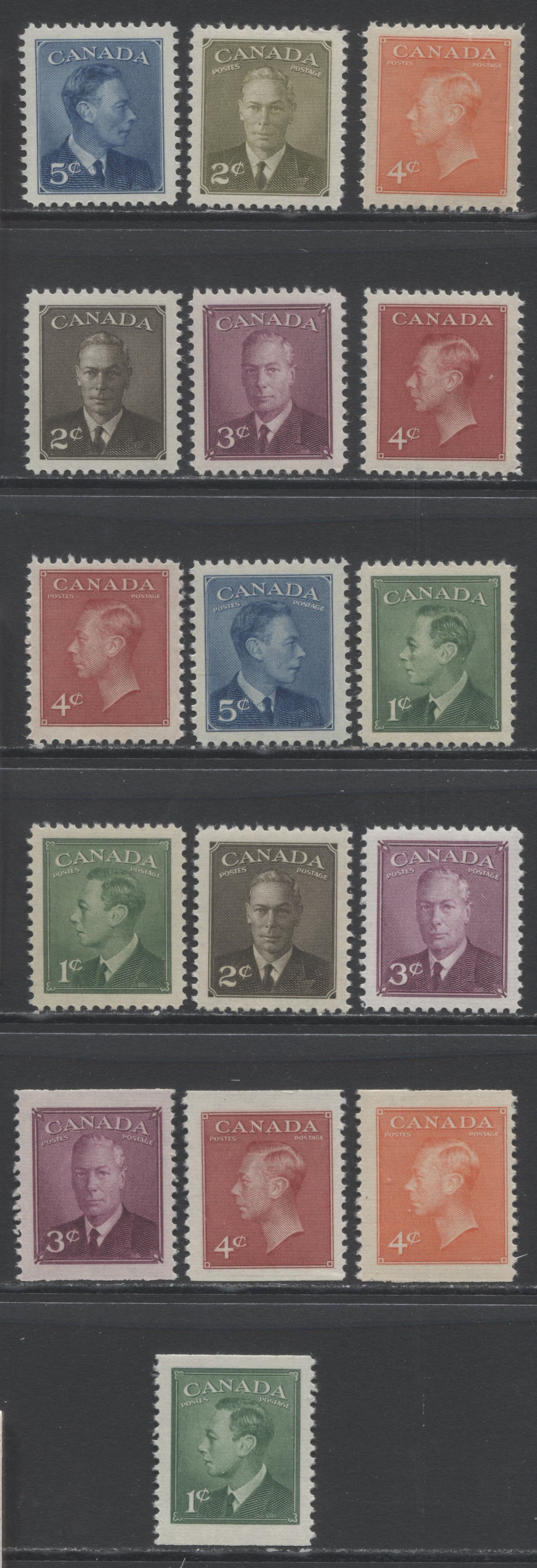 Lot 294 Canada #284-288, 284as/306as, 289-293, 305-306 1c - 5c Green - Deep Blue King George VI, 1949-1951 Postes-Postage, Omitted Postes-Postage & New Colors Postes-Postage Issues, 16 F/VFNH Sheet & Booklet Singles