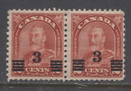 Lot 294 Canada #191 3c on 2c Deep Red King George V, 1932 Arch Provisional Issue, A Fine OG Pair With A Jump Overprint, Die 2, Unlisted in Unitrade
