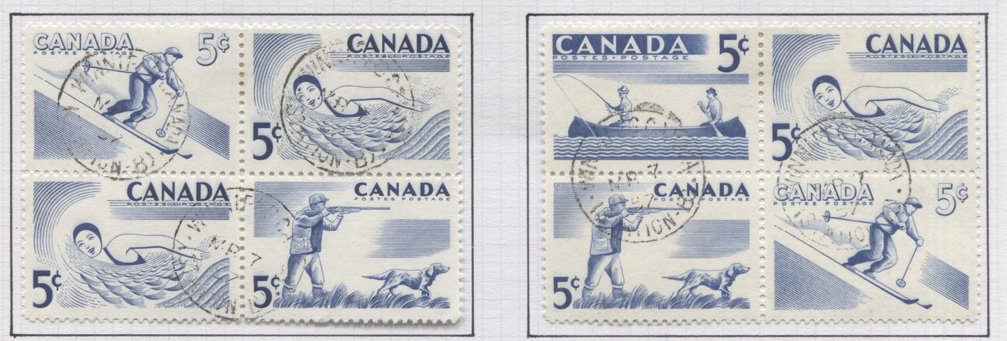 Lot 294 Canada #368a 5c Ultramarine 1957 Recreational Sports Issue, Set of 14 Se-Tenant Blocks, All VF Used With First Day Winnipeg and Lunenburg Cancels