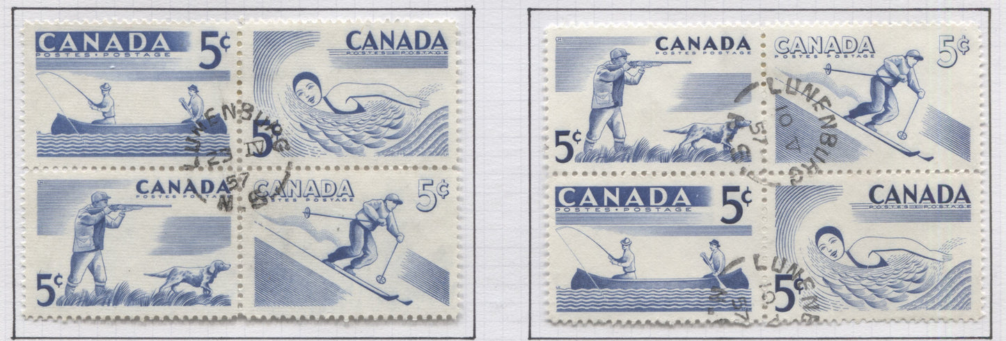 Lot 294 Canada #368a 5c Ultramarine 1957 Recreational Sports Issue, Set of 14 Se-Tenant Blocks, All VF Used With First Day Winnipeg and Lunenburg Cancels