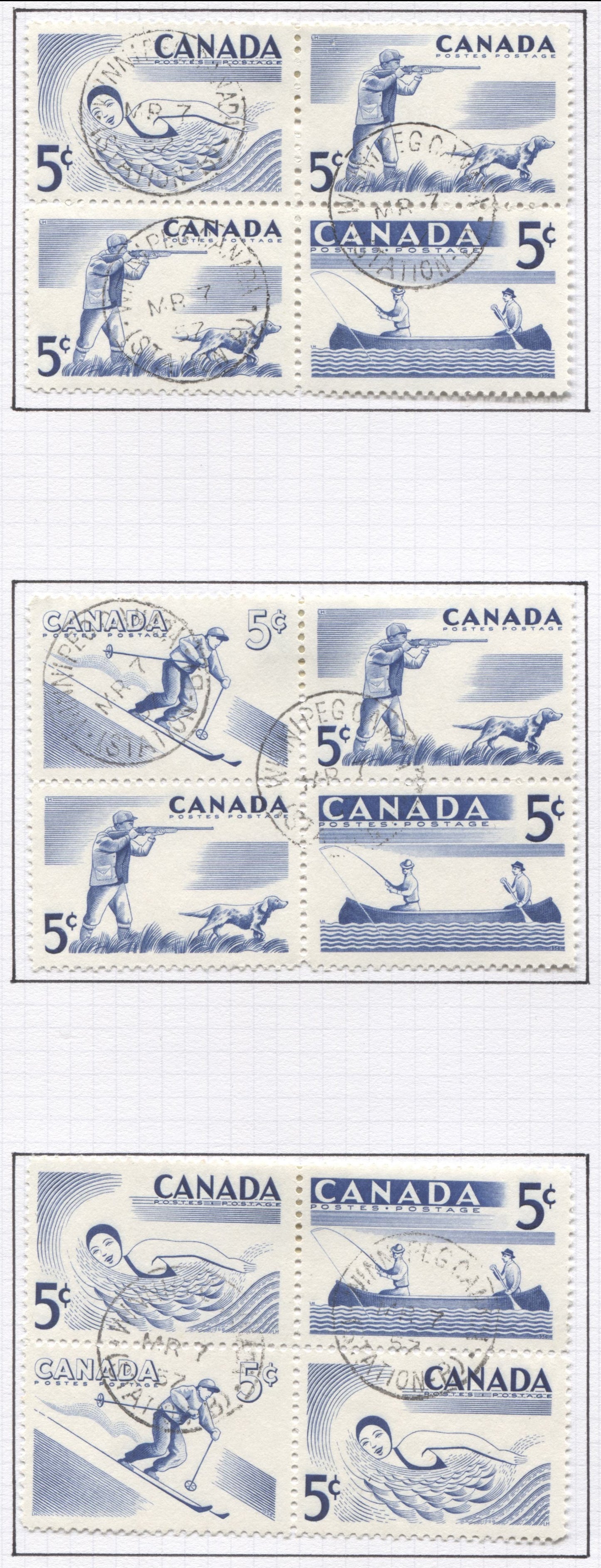 Lot 294 Canada #368a 5c Ultramarine 1957 Recreational Sports Issue, Set of 14 Se-Tenant Blocks, All VF Used With First Day Winnipeg and Lunenburg Cancels