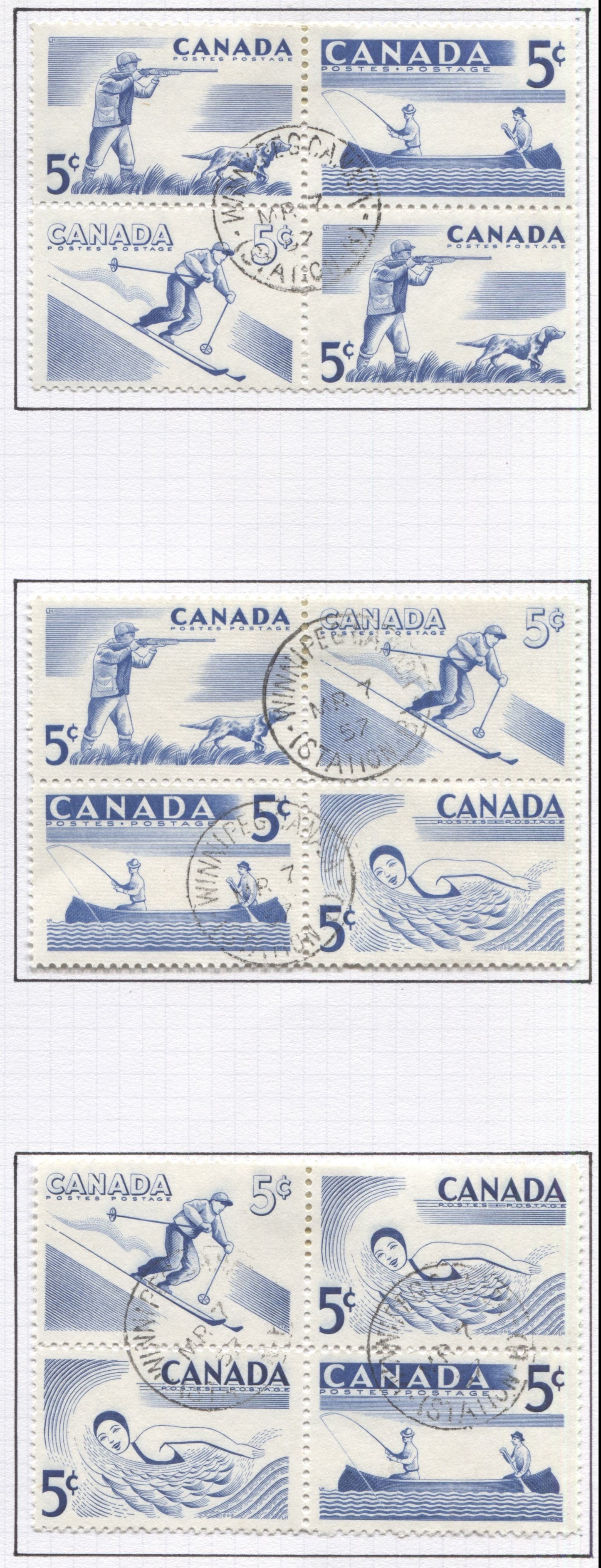 Lot 294 Canada #368a 5c Ultramarine 1957 Recreational Sports Issue, Set of 14 Se-Tenant Blocks, All VF Used With First Day Winnipeg and Lunenburg Cancels