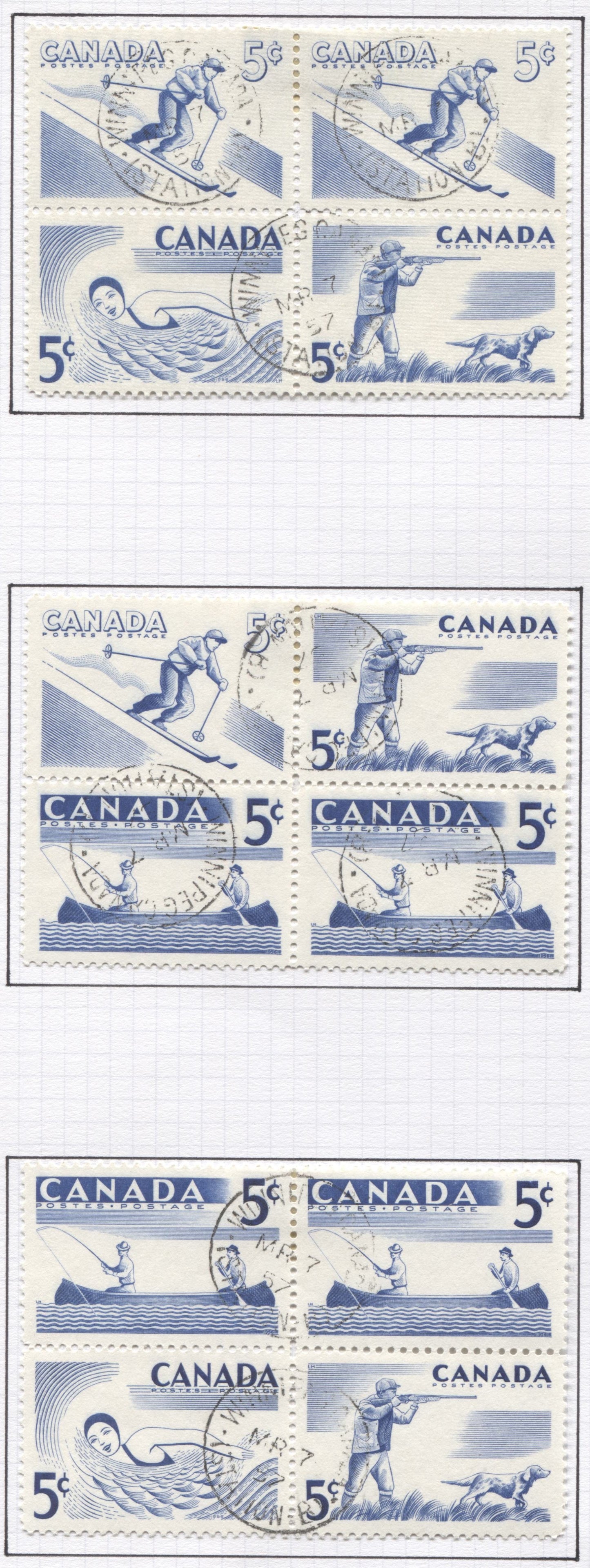 Lot 294 Canada #368a 5c Ultramarine 1957 Recreational Sports Issue, Set of 14 Se-Tenant Blocks, All VF Used With First Day Winnipeg and Lunenburg Cancels