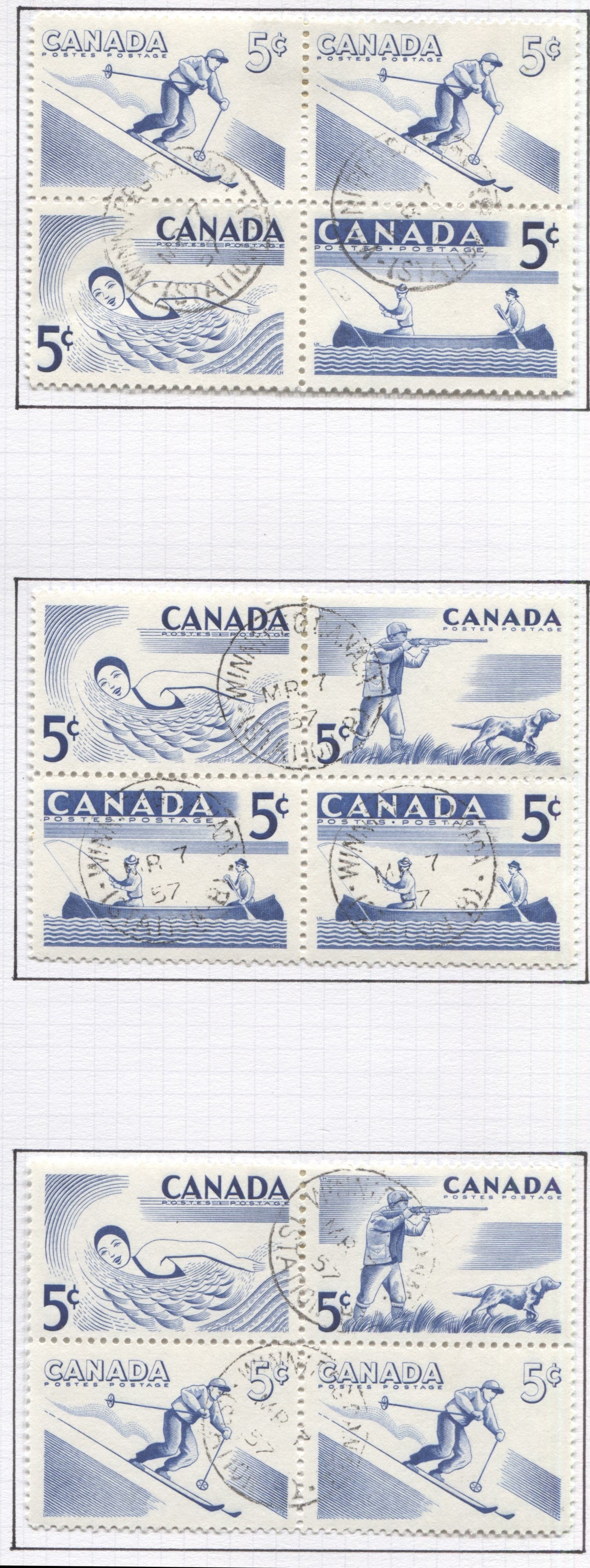 Lot 294 Canada #368a 5c Ultramarine 1957 Recreational Sports Issue, Set of 14 Se-Tenant Blocks, All VF Used With First Day Winnipeg and Lunenburg Cancels